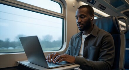 African American man working on a laptop on a train. Business traveler using wireless internet and earbuds during commute. Remote work and digital nomad concept
