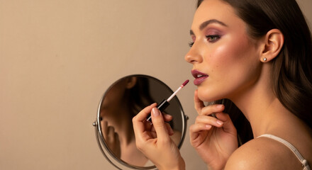 A young woman applying lip gloss while looking in a mirror. Beauty model with festive holiday makeup. Cosmetic self-care routine with copy space