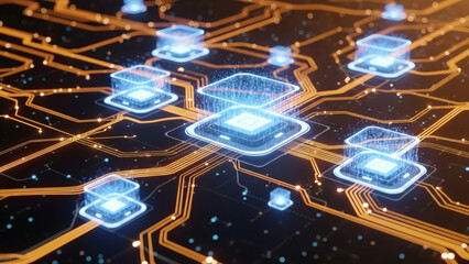 Intricate digital network of glowing microchips and circuit board pathways, symbolizing advanced computing, artificial intelligence, and cutting-edge data processing technology