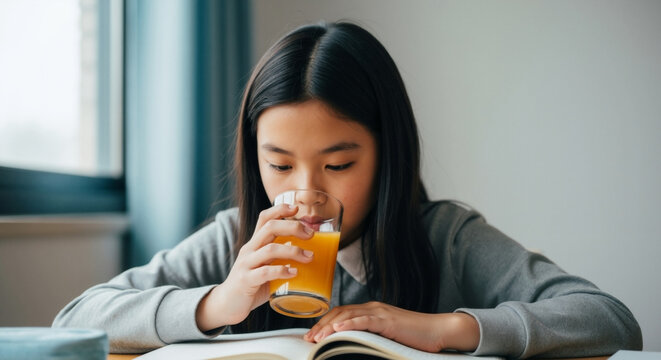 Focused asian girl drinking orange juice while studying at her desk. Young student reading a book for homework