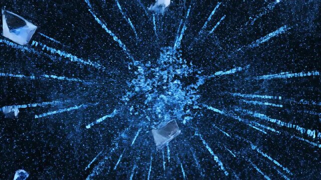 Seamless loop of glowing blue digital data particles rapidly exploding and dissolving into abstract geometric shards on a dark background network, grid, dynamic