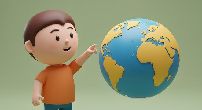 3D cartoon boy pointing at the Earth globe. Global education, environmental awareness, and world discovery concept.