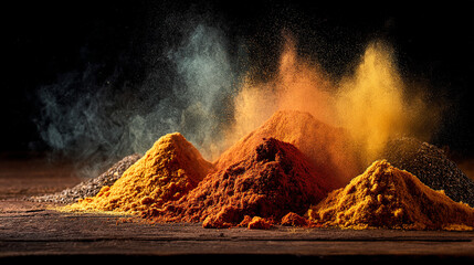 A vibrant pile of golden yellow and orange spices captured up close, showcasing rich texture, warmth, and natural colors, symbolizing flavor, culinary creativity, and aromatic delight