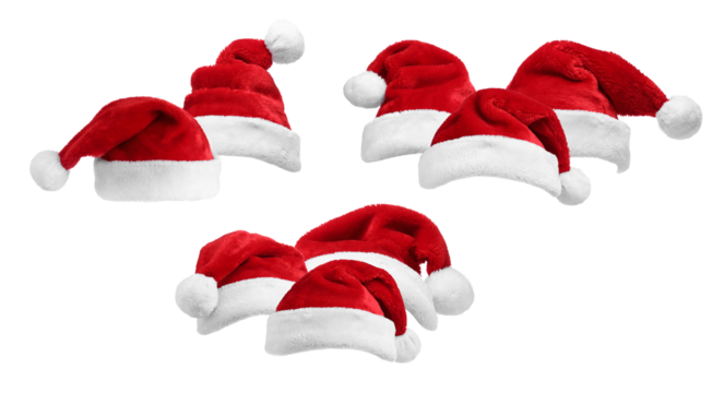 group of traditional red velvet santa claus hats with fluffy white pom-poms and trim clustered tightly together, isolated on black. - Powered by Adobe