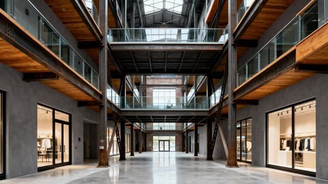 Mixeduse building medium shot featuring exposed steel supports integrated with residential balconies and retail storefronts illustrating innovative adaptive reuse design.