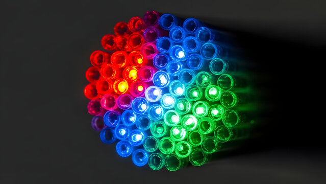 A colorful arrangement of cylindrical objects illuminated in red blue and green on dark background