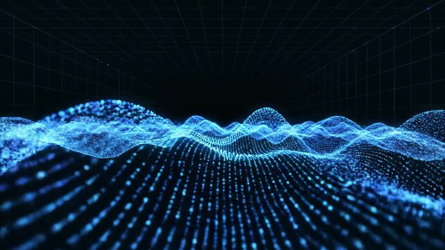 Seamless loop of glowing blue subatomic particles moving dynamically in fluid propagating waves across a dark matrix matrix, motion graphics, cyber