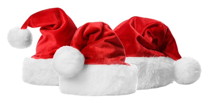 studio photograph featuring a tight grouping of three plush red santa hats with thick white fur trim, isolated dramatically against a solid transparent background. - Powered by Adobe