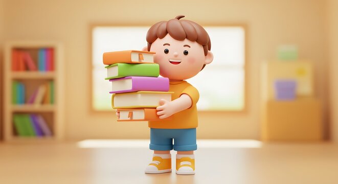 Happy 3D cartoon boy carrying colorful books. Education, learning, and childhood reading concept.