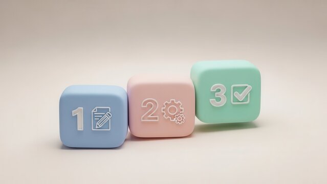 Illustrative sequence with pastel colored numbered blocks depicting project progression