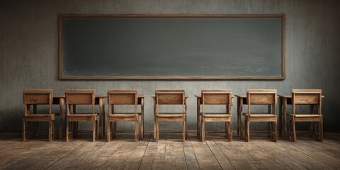 Vibrant photo of a classic empty classroom with blackboard and wooden desks