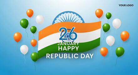 26 january republic day of india celebration with wavy indian flag and balloons vector