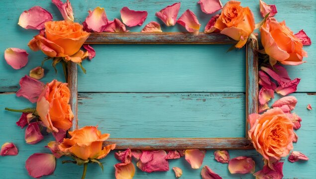 Vibrant photo of orange roses and pink petals on a rustic wooden frame - Powered by Adobe