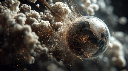 A rotating globe surrounded by optical fiber clouds transmitting signals across the universe, symbolizing global communication, data networks, technology, connectivity, and futuristic space-inspired d