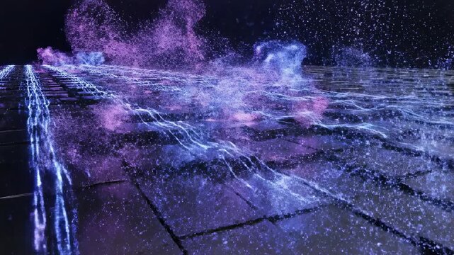 Abstract Digital Flow: Capturing the mesmerizing beauty of a digital data stream, a vibrant flow of particles streams across a futuristic platform. Reflecting concepts of innovation.