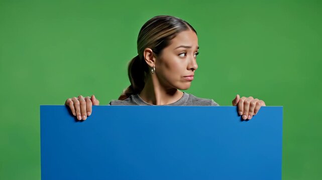 Worried Woman Holding Blue Sign Against Green Screen Expressing Concern and Uncertainty in Studio Shot for Advertising and Marketing Campaigns.