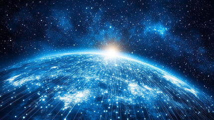 A rotating globe surrounded by optical fiber clouds transmitting signals across the universe, symbolizing global communication, data networks, technology, connectivity, and futuristic space-inspired d