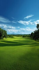 Obraz premium Vibrant golf course landscape under blue sky