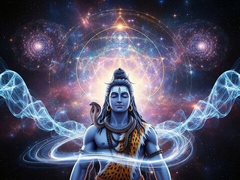 Lord Shiva meditating with blue skin against a vibrant cosmic background of galaxies and sacred geometry. - Powered by Adobe