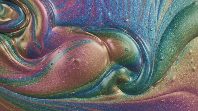 Seamless loop of iridescent fluid texture flowing slowly across the blank screen displaying shimmering holographic colors transition, presentation, texture