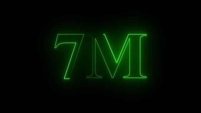 Glowing neon light 7M followers or subscribers celebration text animation on black background, Number 7M Neon Futuristic Effect, Trendy Glow Lighting, 7M animation neon text effect motion. 4k