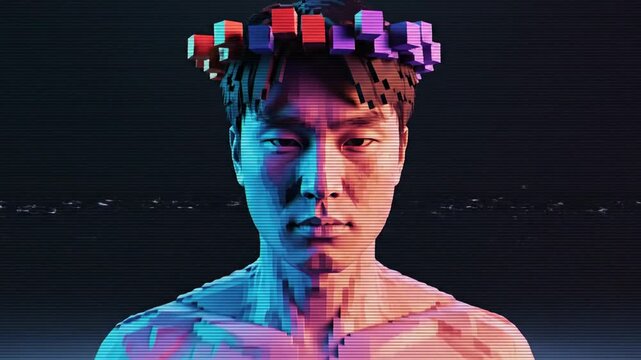 Digital Transformation of a Man into Pixels and Fragments.