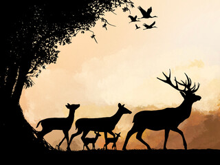 Deer Family Silhouette at Sunset