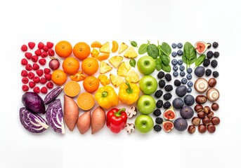 Vibrant rainbow fruits vegetables healthy food collection flat lay