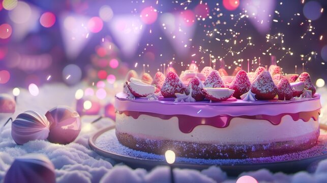 Festive Strawberry Cake with Pink Icing and Sparkling Candles in Celebration Setting