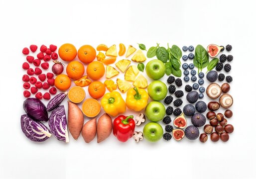 Vibrant rainbow fruits vegetables healthy food collection flat lay