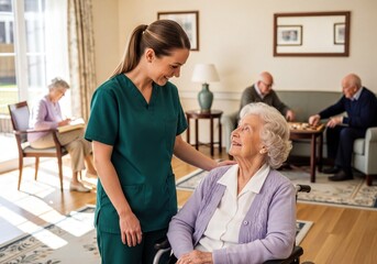 Smiling Caregiver Providing Compassionate Support to Senior Woman in Wheelchair at Assisted Living Facility