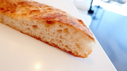 A close-up of a crusty piece of bread, showcasing its airy texture and golden-brown crust.