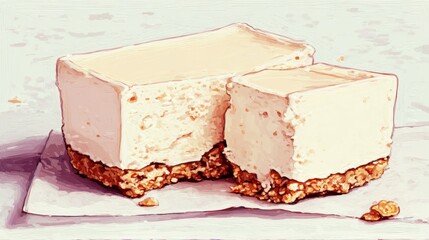 A deliciously creamy cheesecake with a golden crumbly base, cut into two pieces, showcasing its smooth texture and rich flavor.