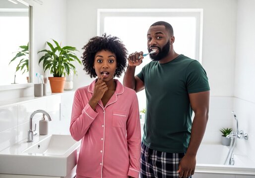 Young African American Couple Brushing Teeth Together During Morning Routine in Bathroom
