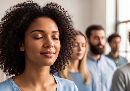 Calm African American Woman with Closed Eyes, Practicing Mindfulness with a Group of People - Powered by Adobe