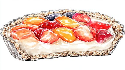 A colorful fruit tart featuring a creamy filling and a crispy crust, topped with a variety of fresh, vibrant fruits.