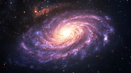 Spiral galaxy glowing purple in a dark starry sky, slowly rotating and zooming in, creating a 3D nebula animation perfect for meditation, relaxation music, and cosmic visualization experiences