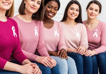 Diverse Women Wearing Pink Ribbons for Breast Cancer Awareness and Support