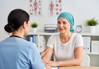 Fototapeta premium Caring doctor providing comfort and support to a smiling female patient with headscarf in clinic setting