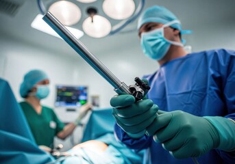 Focused Surgeon Holding Advanced Medical Instrument During Laparoscopic Surgery