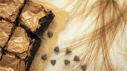 A delicious close-up of freshly baked brownies on parchment, surrounded by chocolate chips and decorative strands, evoking a warm, indulgent atmosphere.