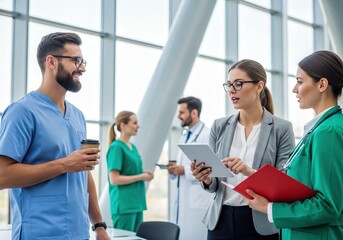 Healthcare Professionals Discussing Important Information in a Modern Hospital