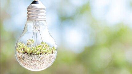 A light bulb encases tiny green plants and pebbles, symbolizing creativity and sustainability in a bright, natural setting.