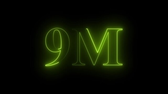 Glowing neon light 9M followers or subscribers celebration text animation on black background, Number 9M Neon Futuristic Effect, Trendy Glow Lighting, 9M animation neon text effect motion. 4k