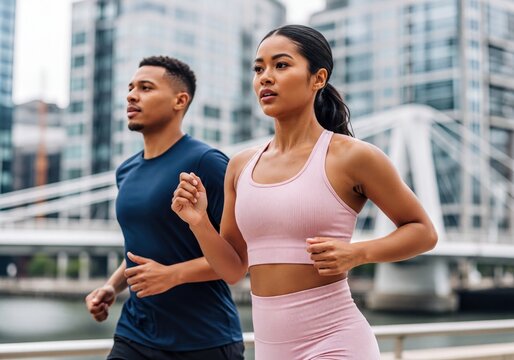Fit Man and Woman Doing an Outdoor Running Exercise in Modern City