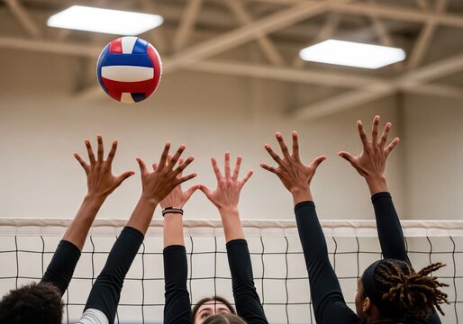 Volleyball Players Reaching Over Net to Block Ball During Intense Indoor Game Action - Powered by Adobe