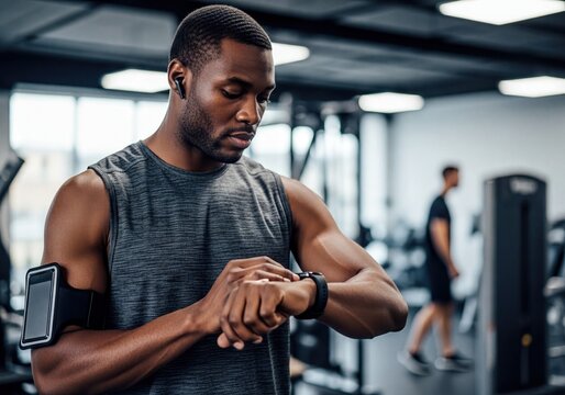 Muscular man checking smartwatch during gym workout with earbuds and phone armband