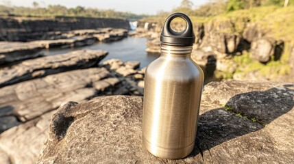 A stainless steel water bottle stands on a rock by a river, surrounded by a natural landscape of stones and greenery.