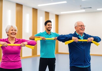 Smiling active seniors and young trainer exercising with resistance bands for rehabilitation