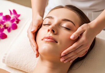 Young Woman Receiving Relaxing Facial Massage Treatment at Luxurious Spa or Cosmetology Clinic
